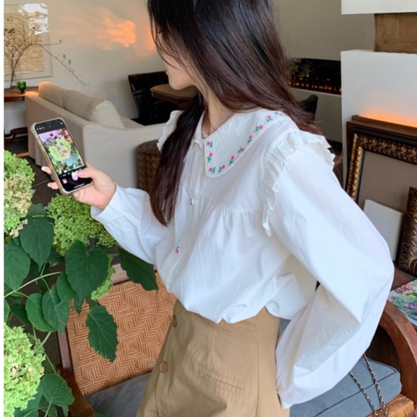 ZHELIHANGFEI Áo Sơ Mi Tay Phồng Cổ Búp Bê Thêu Họa Tiết Phong Cách Preppy Nhật Bản Dễ Phối Đồ