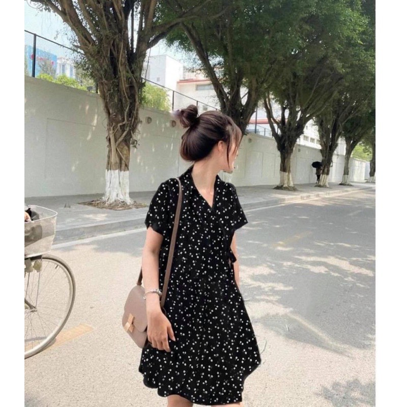 ĐẦM HOA ĐEN ĐẮP CHÉO CỘT EO 🌼