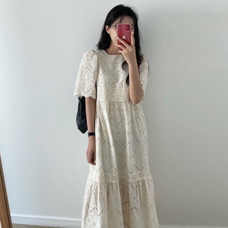 Đầm Dài Dáng Rộng Tay Phồng Cổ Tròn Phối Ren Rỗng Kiểu Hàn Quốc Thời Trang Mùa Hè Thanh Lịch