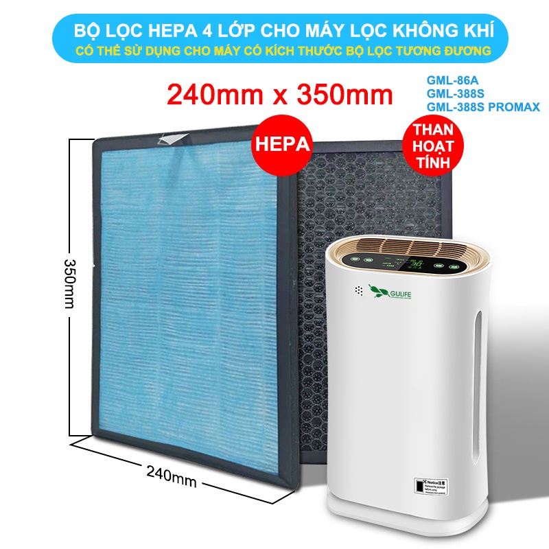 Bộ Màng lọc HEPA &amp; THAN HOẠT TÍNH 4 Lớp GULIFE, nhiều size cho máy lọc không khí - lọc bụi PM2.5, khử mùi, khử khuẩn