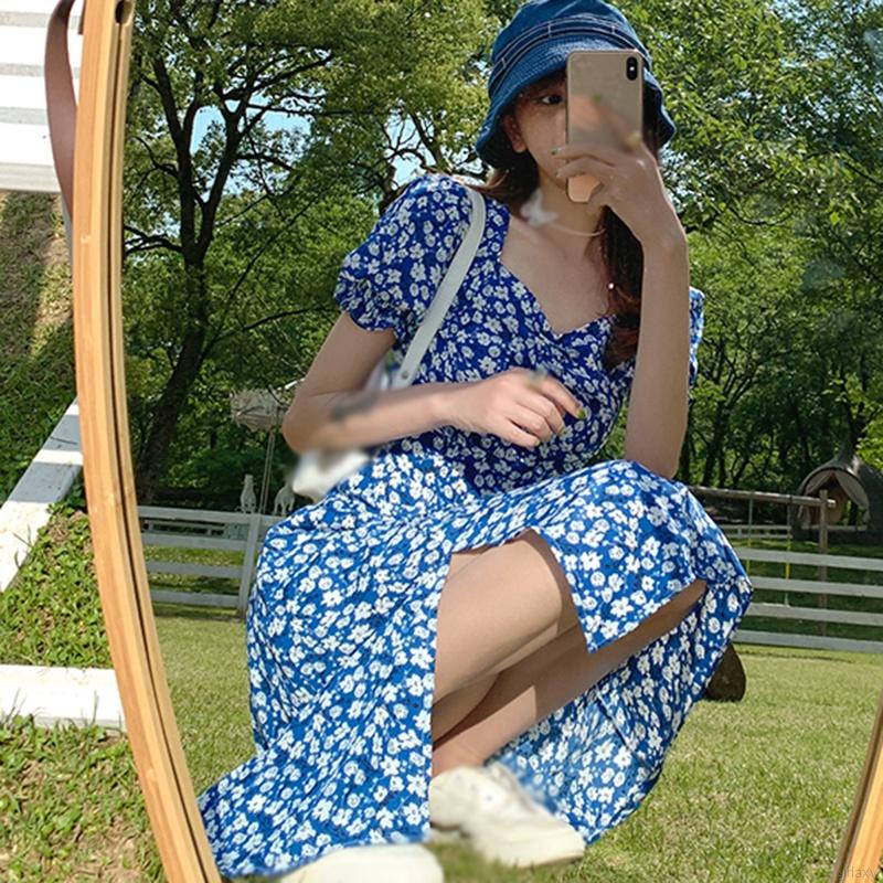 Đầm Nữ Dài Tay Cổ Chữ V In Hoa Thời Trang Hàn