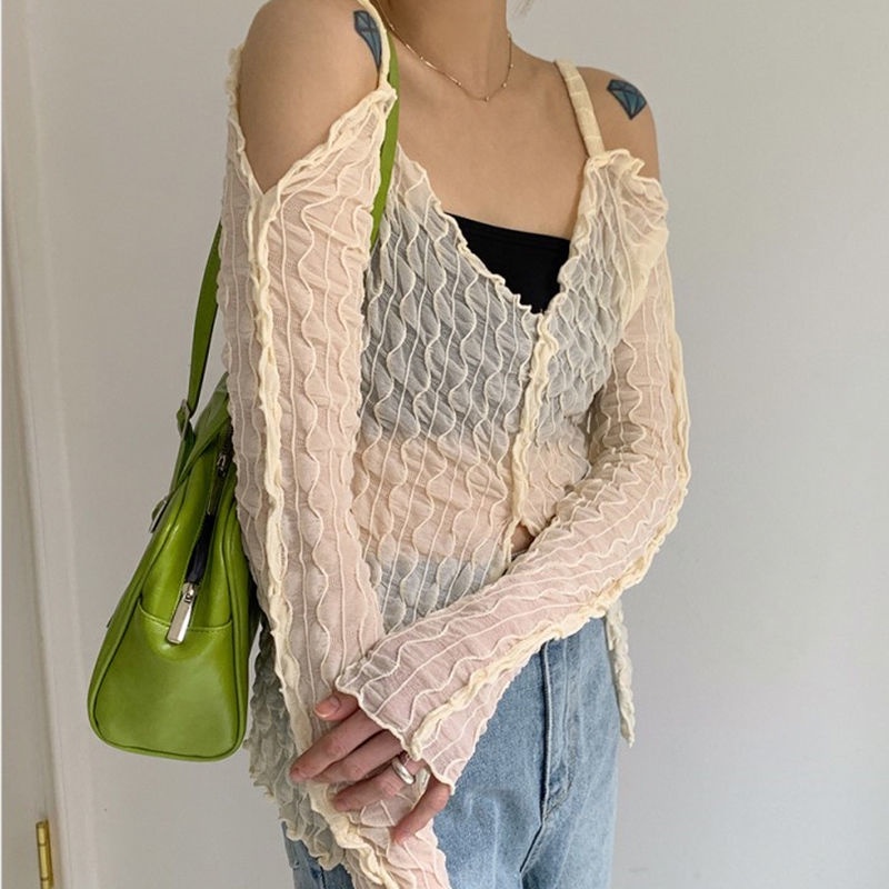 Áo Khoác Lưới Xuyên Thấu Trễ Vai Chống Nắng Dáng Ôm Thời Trang Hàn Quốc Cho Nữ