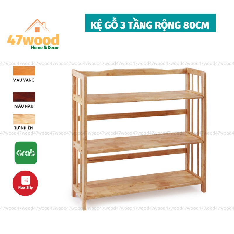 Kệ sách 3 tầng 80cm, gỗ cao su - Kệ gỗ đa năng 3 tầng rộng 80cm