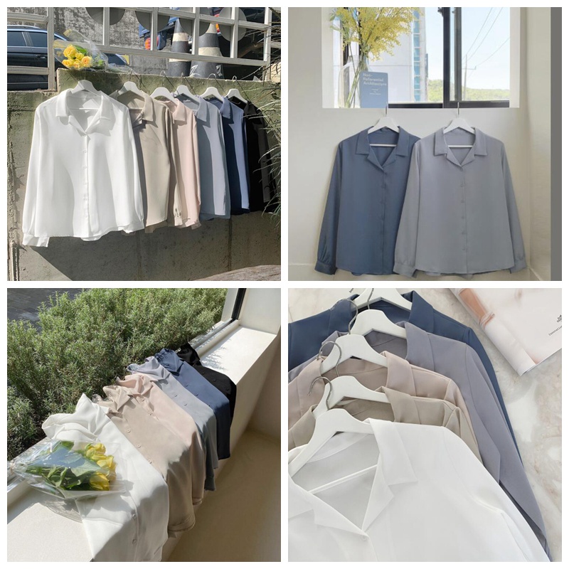 Áo sơ mi chiffon SUXI tay dài cổ vest 6 màu phong cách Hàn Quốc đơn giản cho nữ