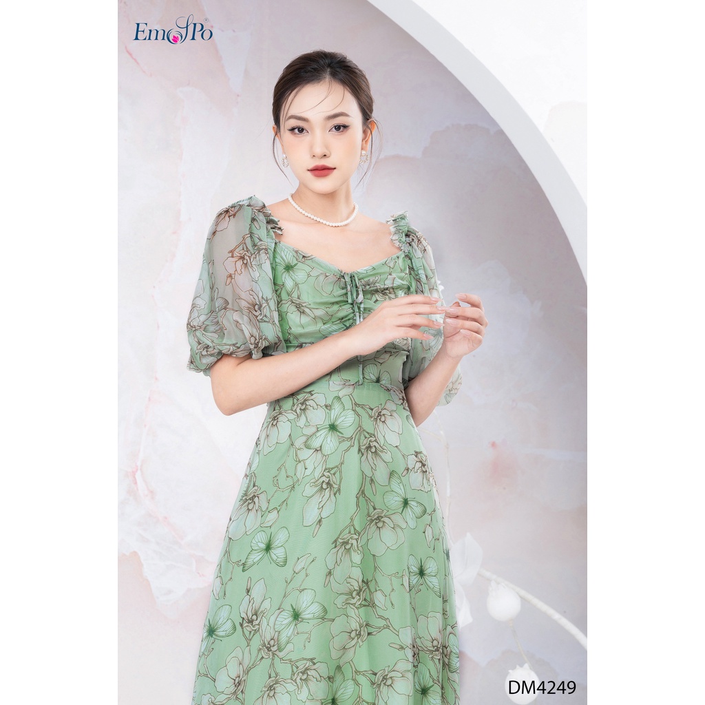 Đầm hoa đuôi cá cổ đính nơ tay bồng Emspo DM4249