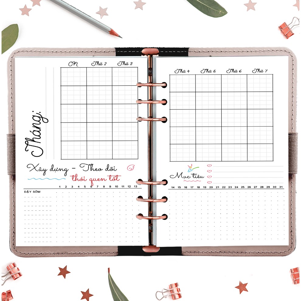 Sổ còng 6 lỗ A5 planner Kế hoạch trọn đời, tháng, tuần, ngày in sẵn layout trang trí