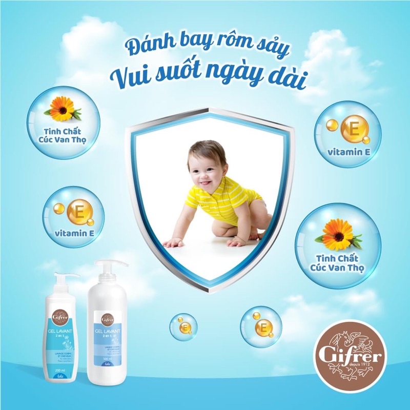 Sữa tắm gội 2 trong 1 cho bé Gifrer Gel Lavant - Tinh chất Cúc Vạn Thọ Vitamin E Kháng khuẩn tăng cường độ ẩm