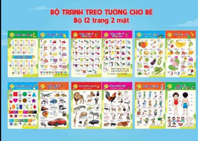 Bộ tranh bảng chữ cái treo tường 12 chủ đề cho bé học song ngữ