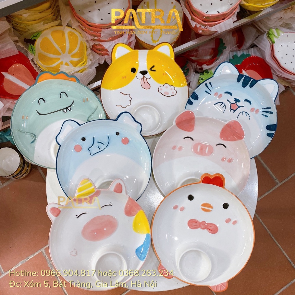 Đĩa sứ hoạt hình có ngăn chấm tiện lợi, dĩa sứ decor họa tiết dễ thương