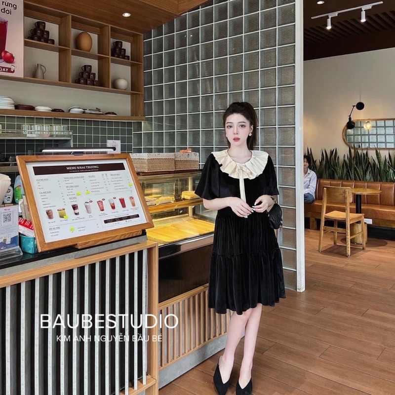 VN904 - VÁY NHUNG ĐEN SUÔNG CỔ BÈO TRẮNG HOA ĐÁ