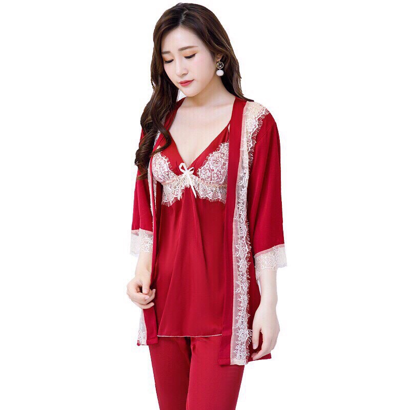 (chuyên sỉ)bộ lụa viền ren mặc nhà 3 món ( bộ quần dài, choàng)