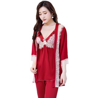 (siêu sale)bộ lụa viền ren mặc nhà 3 món ( bộ quần dài, choàng)