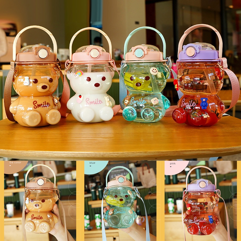 Bình Nước Nhựa Hình Gấu Dung Tích 1000/1400ML Kèm Ống Hút Tiện Dụng Mang Theo Du Lịch