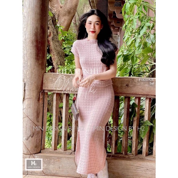 Set len thun áo tay ngắn chân váy xẻ tà dáng dài 0522