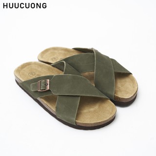 Dép nam HuuCuong quai chéo khóa da bò rêu đế trấu handmade