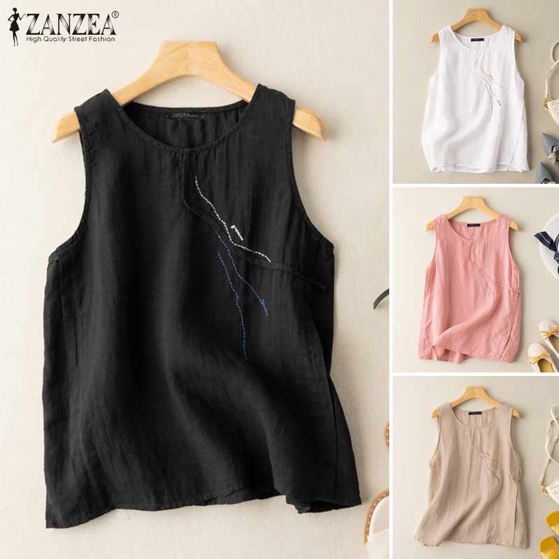 ZANZEA Áo Thun Không Tay Cổ Tròn Họa Tiết Thêu Thời Trang Nữ