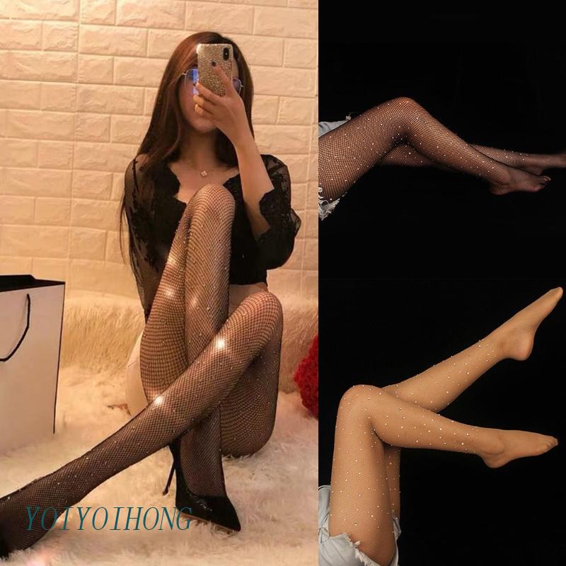 Yoi Quần Tất Lưới Rỗng Đính Kim Cương Giả Lấp Lánh Acrylic Sáng Bóng Cho Nữ Hàng Có Sẵn