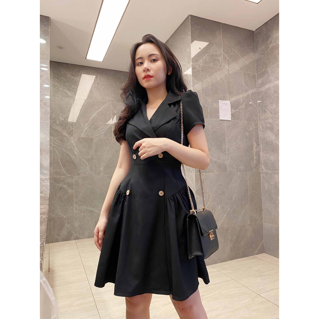 Đầm dự tiệc đen cổ vest sang trọng thiết kế dáng xòe tay ngắn thời trang cao cấp phù hợp đi tiệc đi chơi – Lux W Fashion