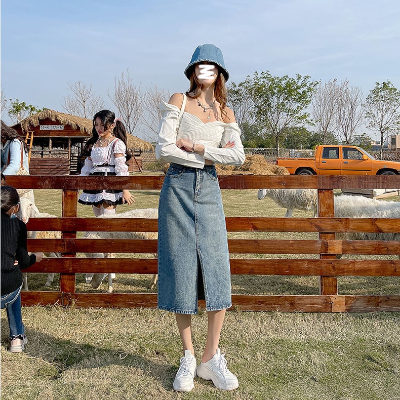 Chân Váy Jeans Dài Xẻ Tà Thời Trang Dành Cho Nữ