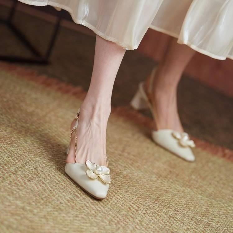 Sandal cao gót trang trí ngọc trai giả phong cách Pháp trẻ trung cho nữ