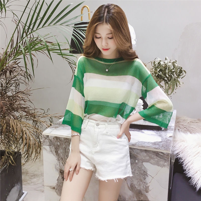 Áo Thun Nữ Dài Tay Cổ Tròn Sọc Ngang Thời Trang Hàn