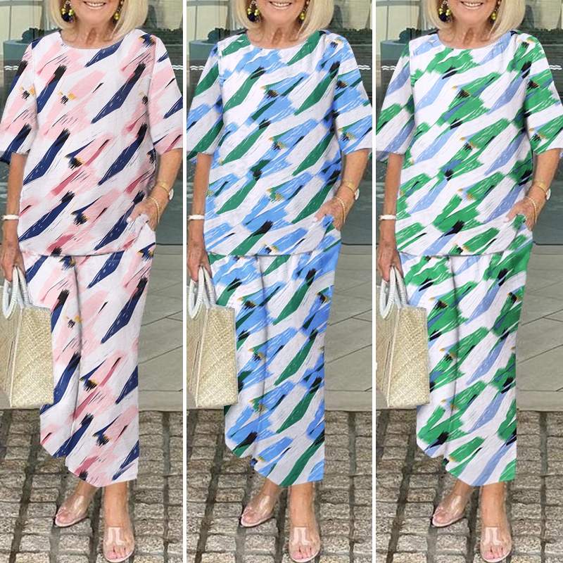 Set áo tay lỡ Zanzea dáng rộng + quần dài in họa tiết phong cách châu Âu thời trang cho nữ