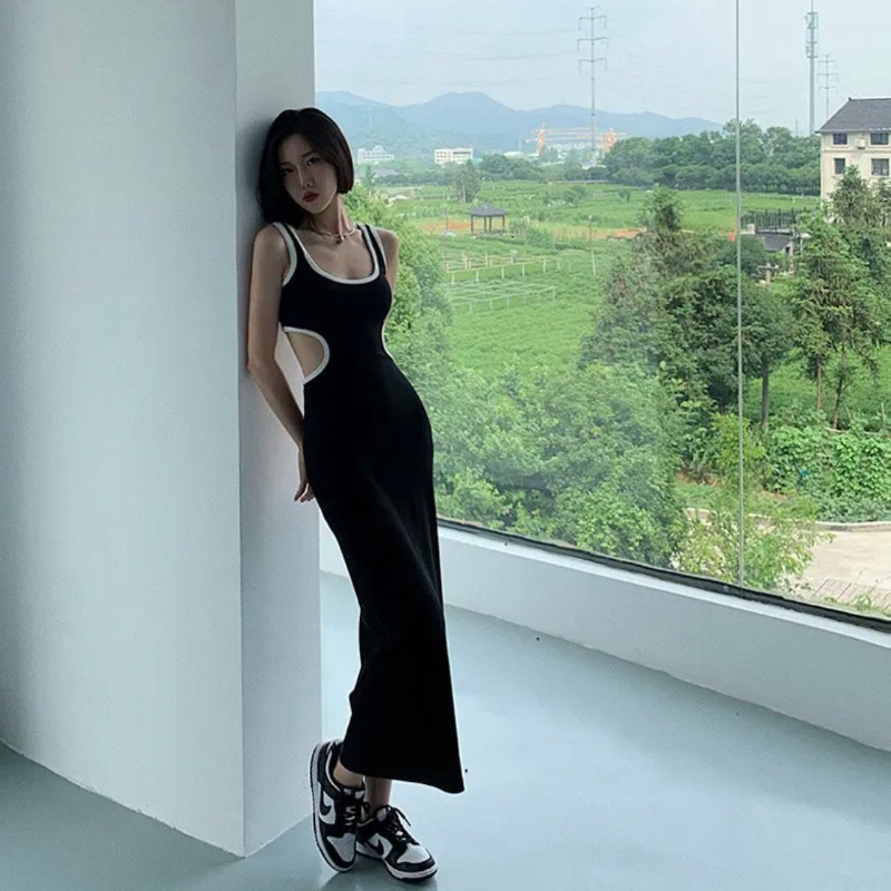 COZOK Đầm Hở Lưng Form Ôm Phối Màu Tương Phản Phong Cách Quyến Rũ