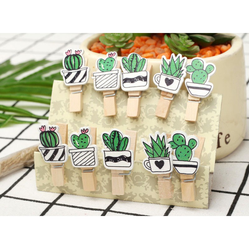 SET 10 Cái Kẹp Gỗ Sơn Design Pub hình Cây xương rồng (Tặng 1,5m dây cói)