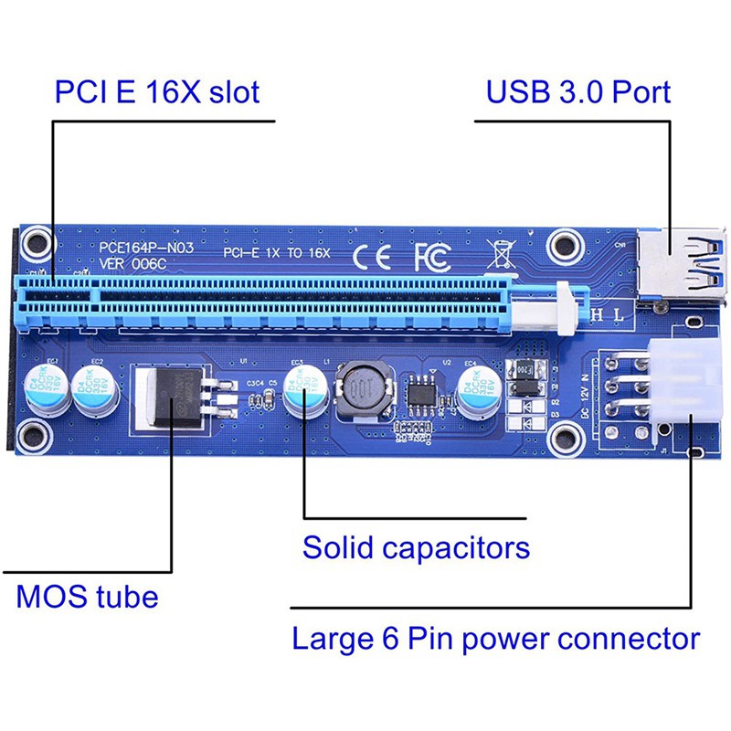 6-pack 6-pin Pcie Pci-E Express 1x Sang 16x Riser Card Với Dây Cáp 6 Pin Pci-E To 15 Pin Sata 60cm Usb 3.0