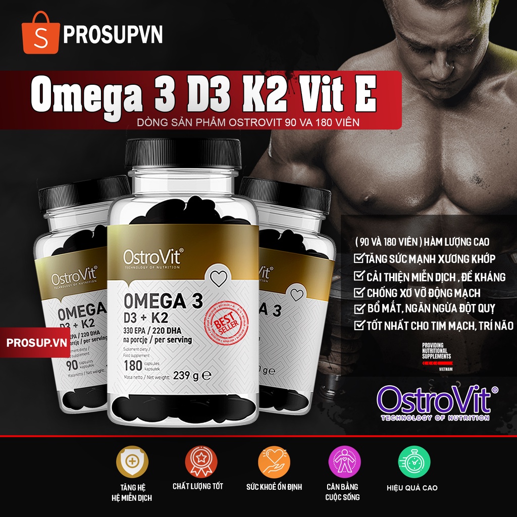 Omega 3, D3 K2, Viên dầu cá Ostrovit ( 180 viên ) - Fish oil hỗ trợ xương khớp, tăng cường sức khoẻ,đề kháng miễn dịch .