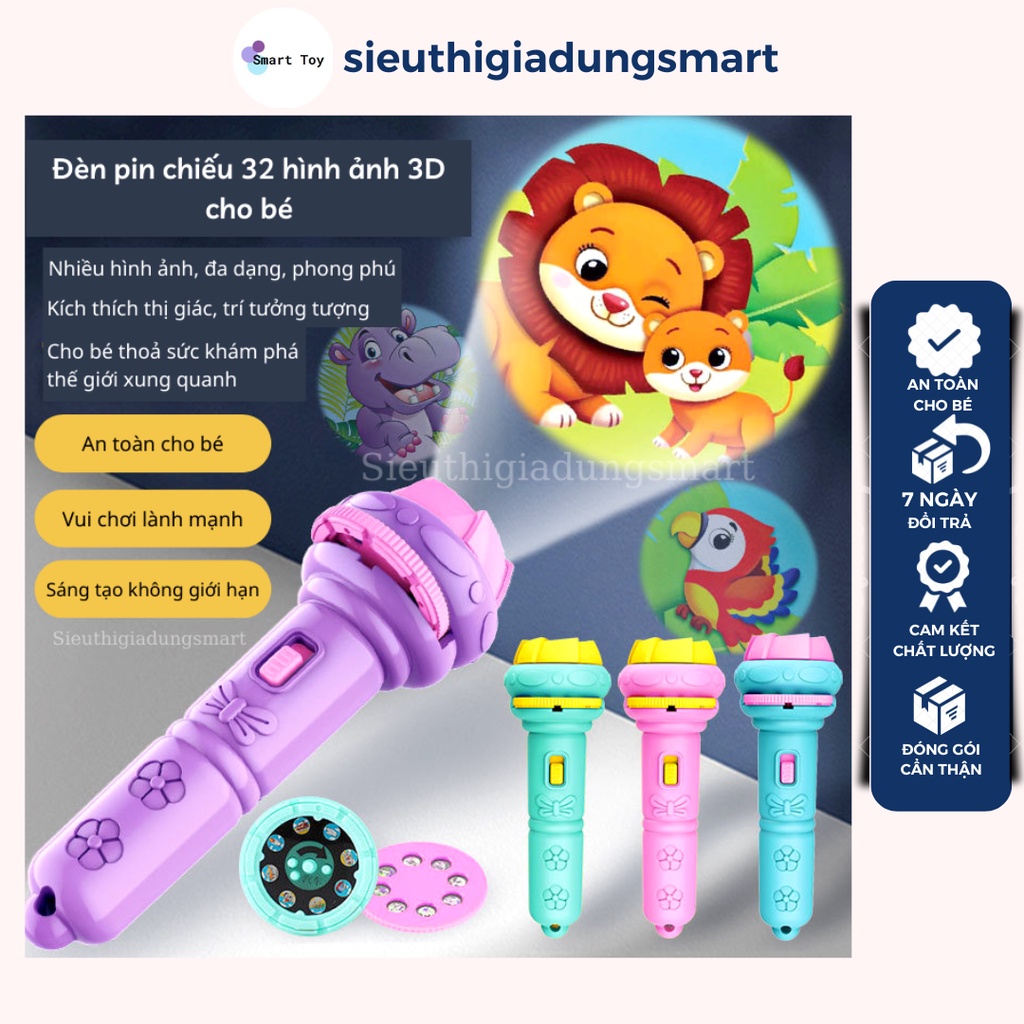 Đèn pin chiếu 32 hình ảnh 3D cho bé thoả thích khám phá thế giới xung quanh hoa quả, động vật, côn trùng, phương tiện...