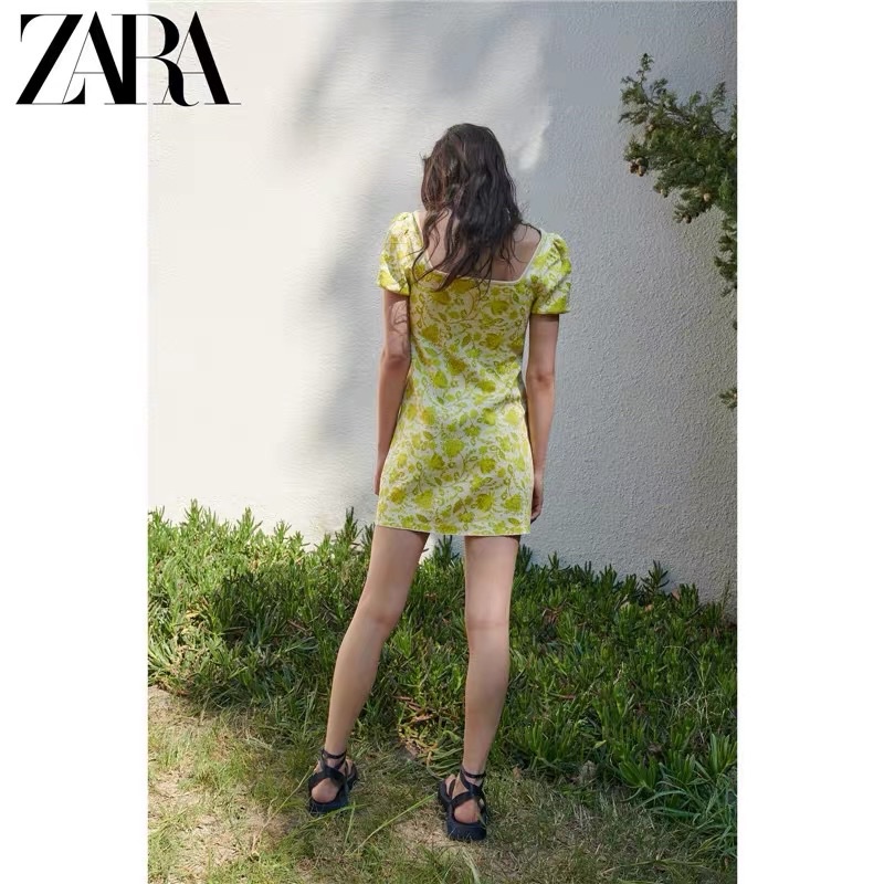 Váy dệt kim cổ vuông hoa xanh Zarraa