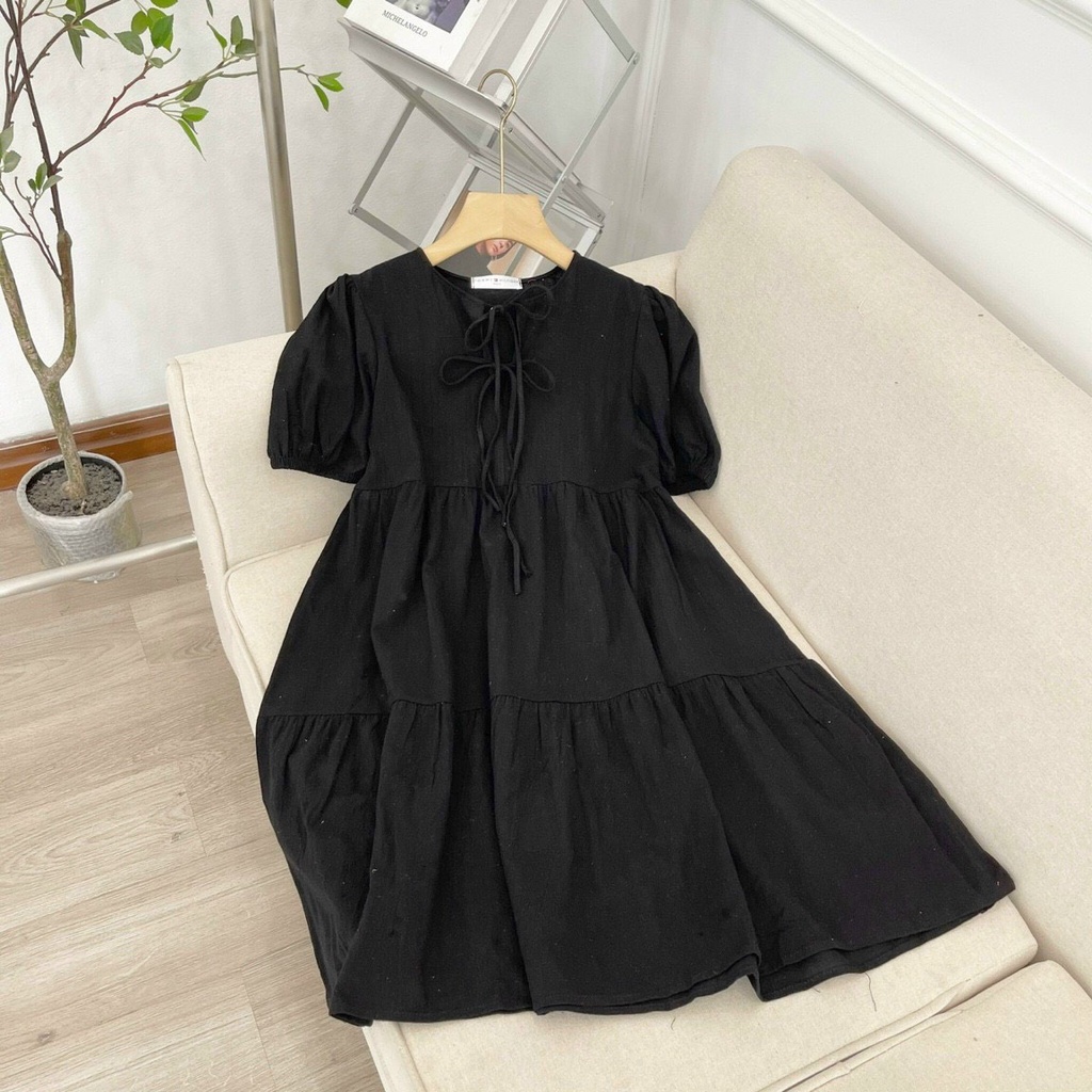 Váy babydoll nơ ngực Tira House đầm tiểu thư chất đũi tơ thoáng mát TRH