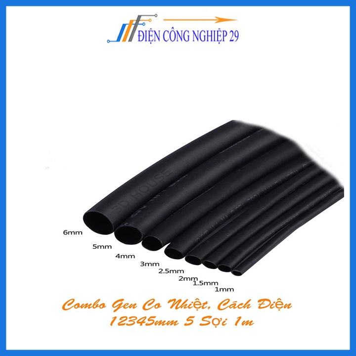 Combo Bộ 5 Ống Gen Co Nhiệt, Cách Điện 1mm, 2mm, 3mm, 4mm, 5mm, Dài 1m Mỗi Sợi - Màu đen