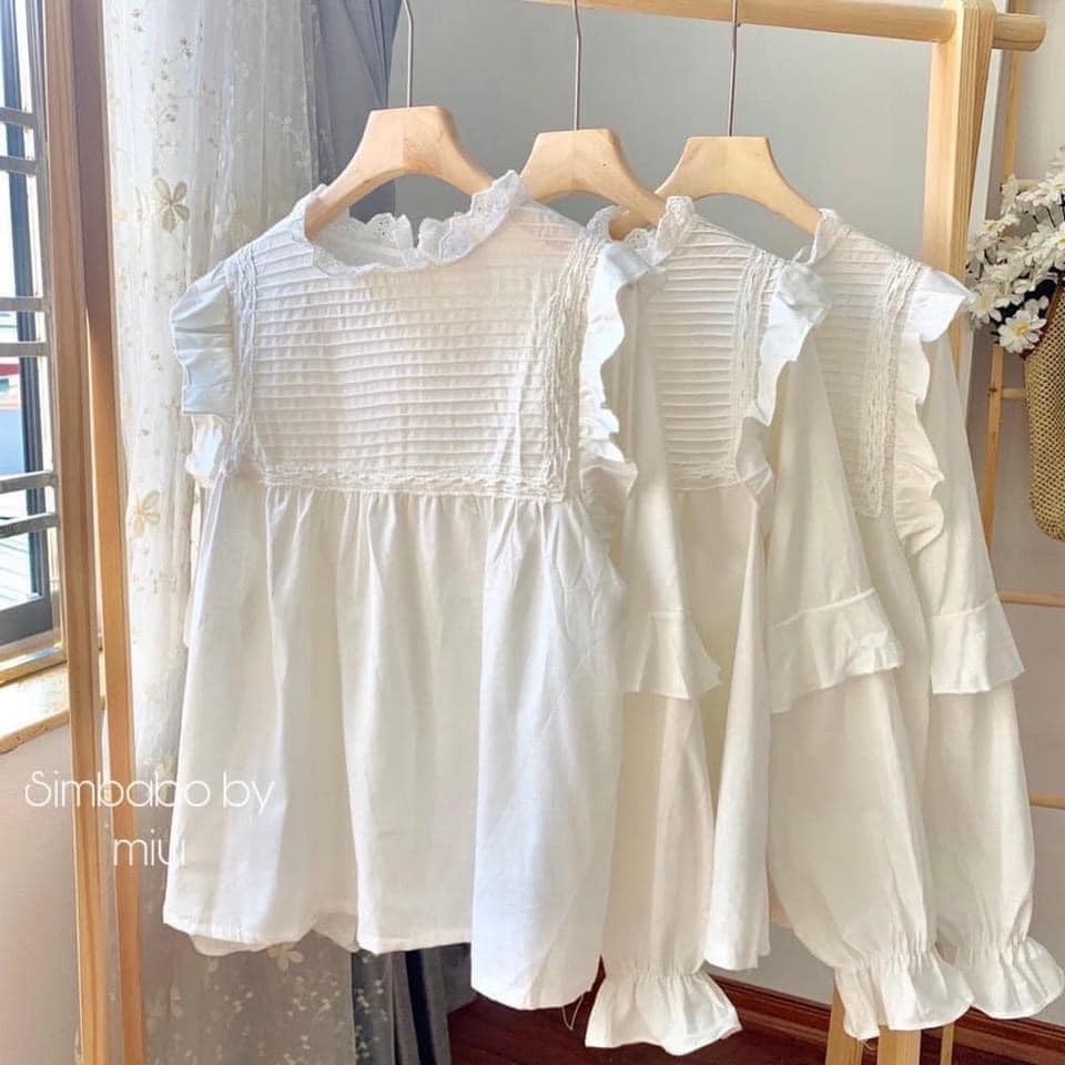 Áo babydoll trắng cổ bèo cánh tiên dài tay