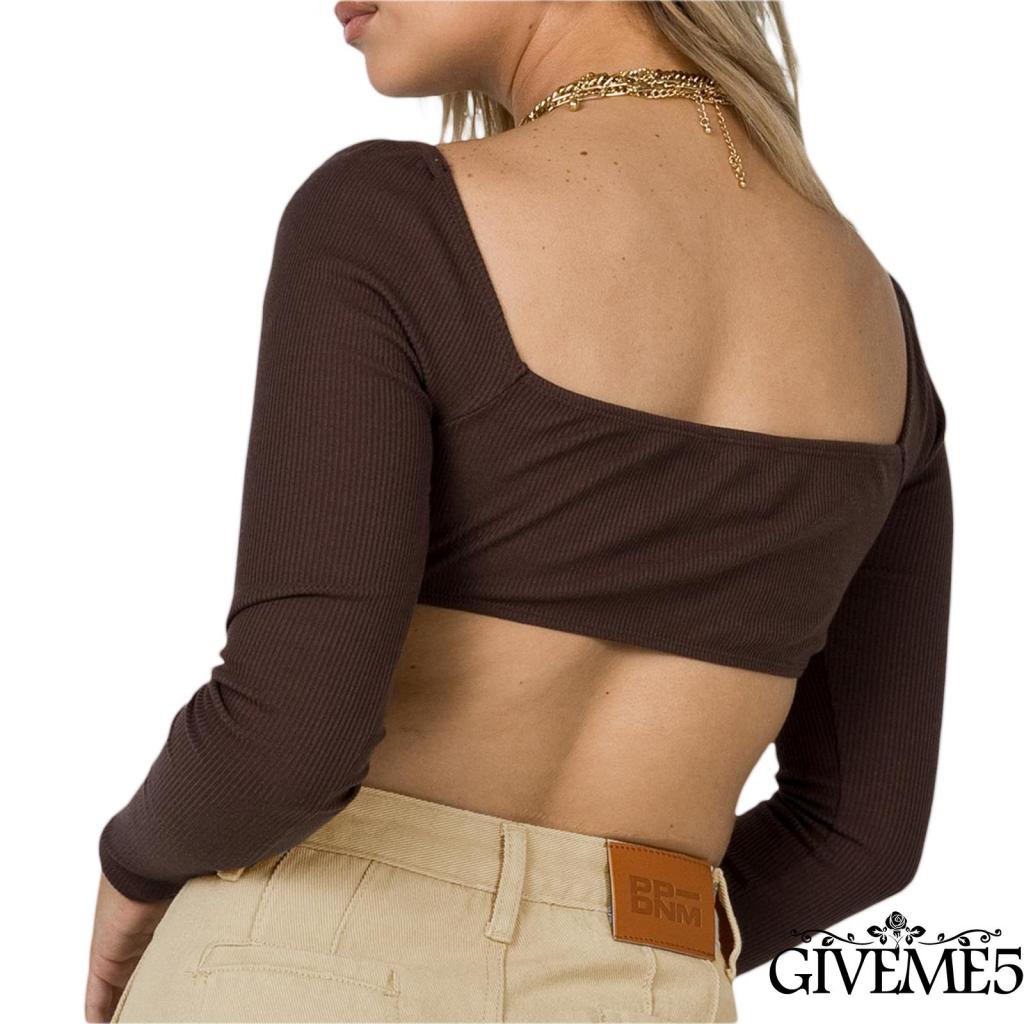 Áo croptop dệt kim tay dài cổ vuông màu sắc gợi cảm cho nữ