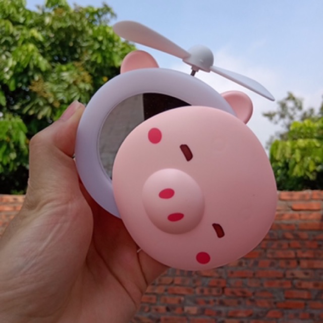 Quạt tích điện HC FAN có gương hình heo+ đèn led siêu tiện ích