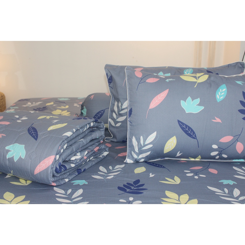 Bộ drap 4 món Cotton - Mẫu Lá Nền Xám ( nệm dưới 15cm)