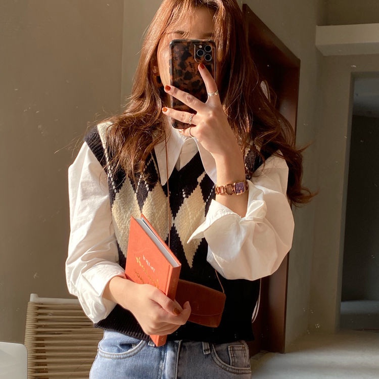 Áo dệt kim sát nách cổ chữ v thiết kế mới thời trang theo phong cách vintage