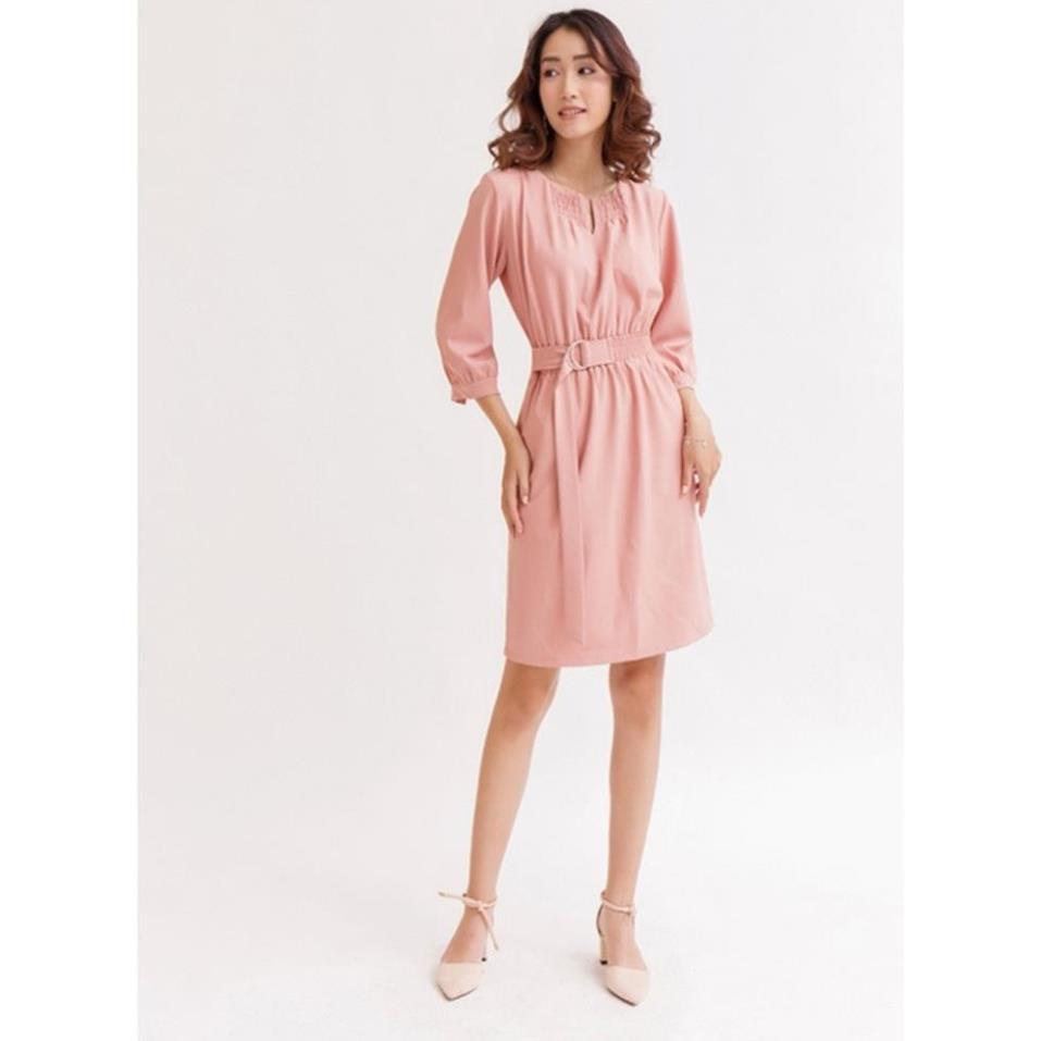 Váy Đầm Công Sở Tay Lở Dún Cổ Dún Phối Dây Đai Eo Màu Hồng Tà A Vải Dãn Nhẹ LATO | BigBuy360 - bigbuy360.vn