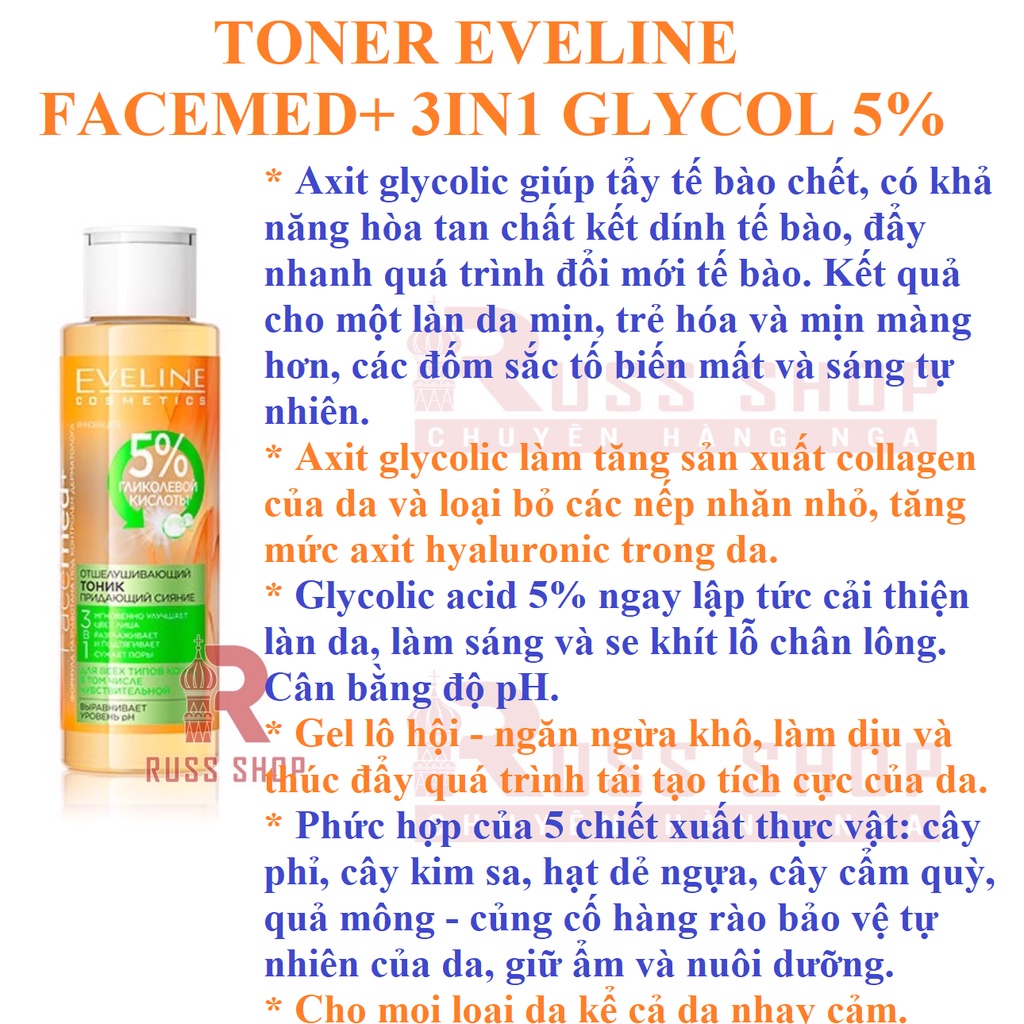 Toner Eveline 5% Glycolic Acid - Glycol Therapy Thu Nhỏ Lỗ Chân Lông Láng Mịn Da