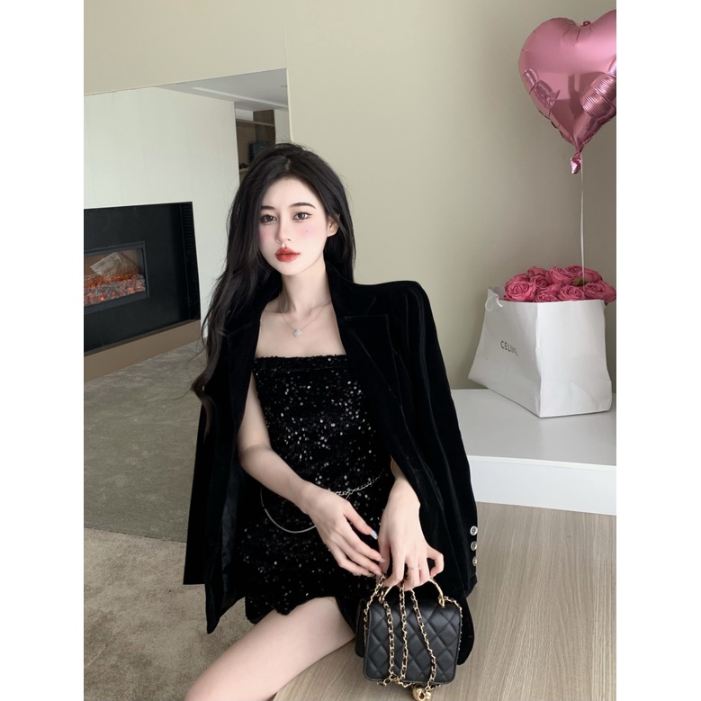 Set Đầm Nhung 3 Món Phối Áo Khoác Blazer Đính Kim Sa Lấp Lánh Thời Trang Sang Trọng