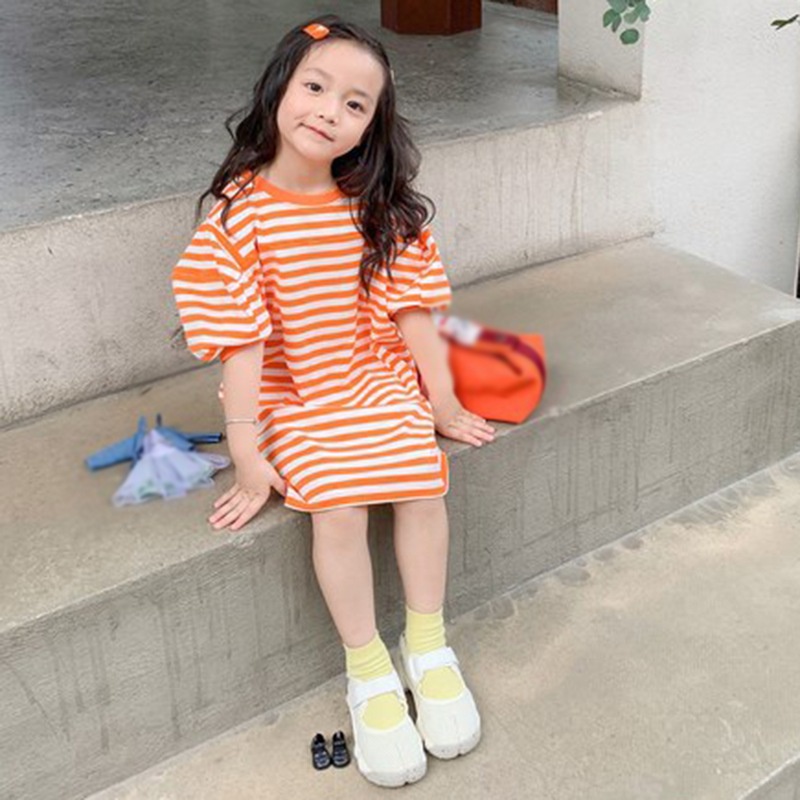 Đầm Công Chúa Mùa Hè Tay Ngắn Cổ Tròn Sọc In Họa Tiết Cho Bé Gái Se7En