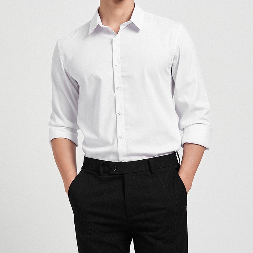 Áo sơ mi đen dài tay JBAGY dáng ôm slimfit vải lụa co giãn chống nhăn