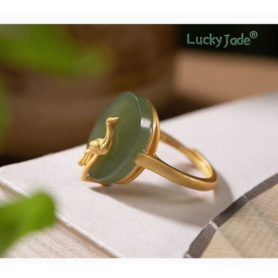 Nhẫn Hở Mạ Vàng Bạc S925 Họa Tiết Đám Mây/Chim Hạc Đính Đá Ngọc Bích Xám Kiểu Ai Cập