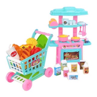 Combo 2in1: đồ chơi nhà bếp mini + xe đẩy siêu thị