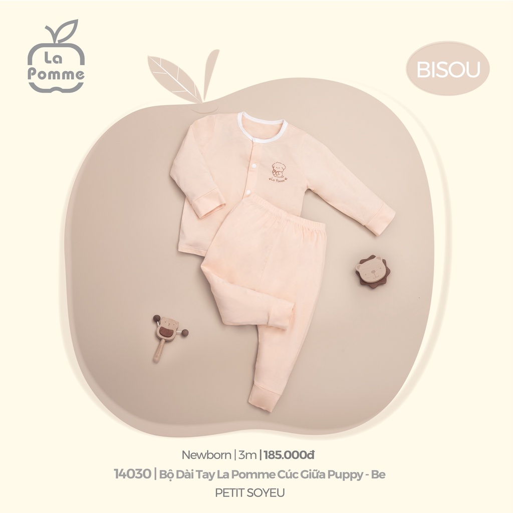 Set combo La Pomme chất Petit Soyeu sơ sinh dài tay cài giữa cài chéo bodysuit màu be kem cho bé 14030 23030 15030 25030