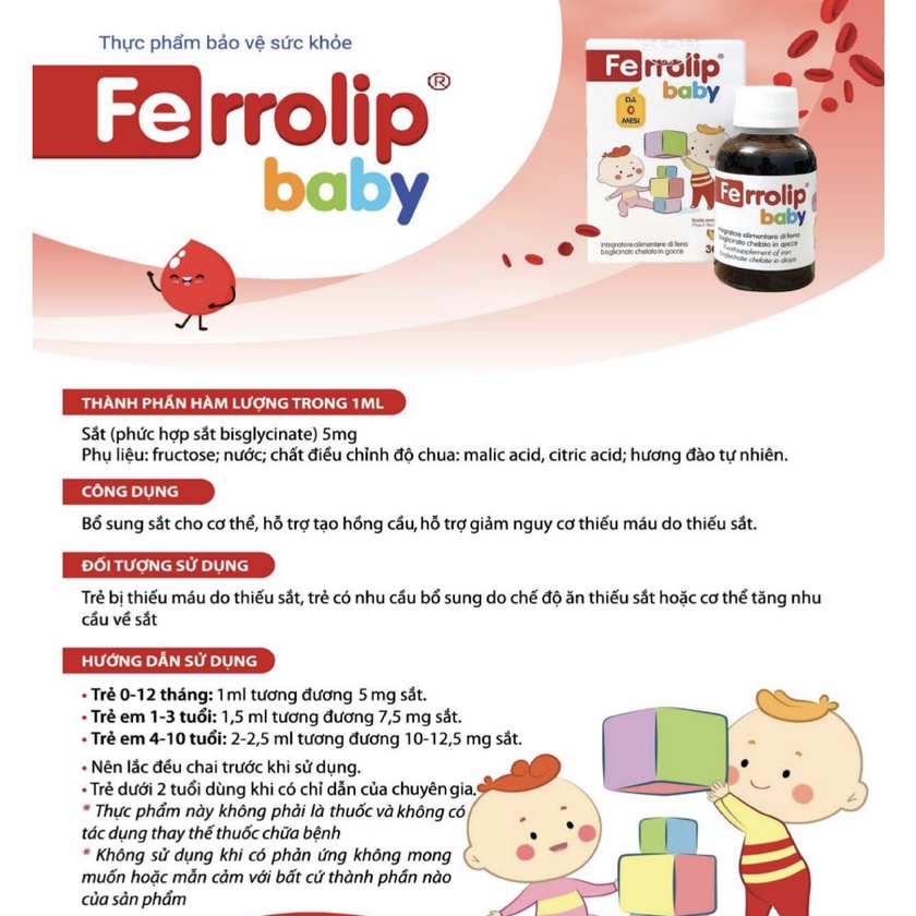 Ferrolip Baby, Sắt Italya vị Đào, thơm ngon, không nóng, Hỗ trợ bổ sung sắt cho cơ thể, tạo hồng cầu mới (Chai 30ml)