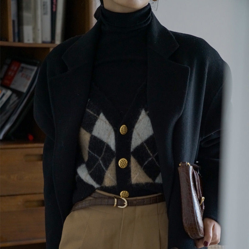 Áo khoác cardigan dệt kim dáng ngắn họa tiết vân kim cương kiểu Pháp retro dễ thương cho nữ