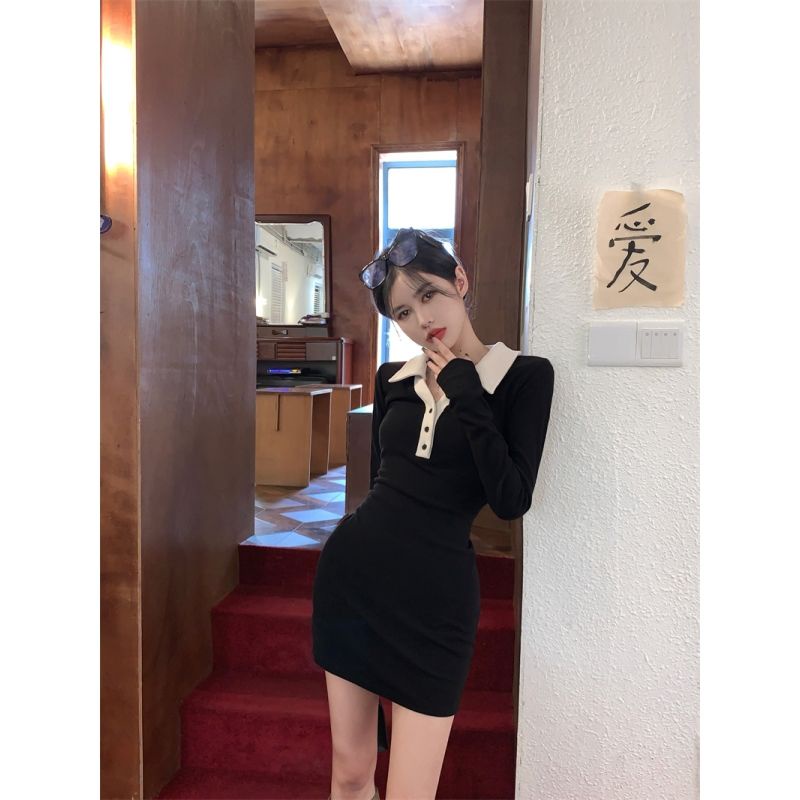 COZOK Đầm Tay Dài Cổ Polo Dáng Ôm Phối Màu Tương Phản Quyến Rũ